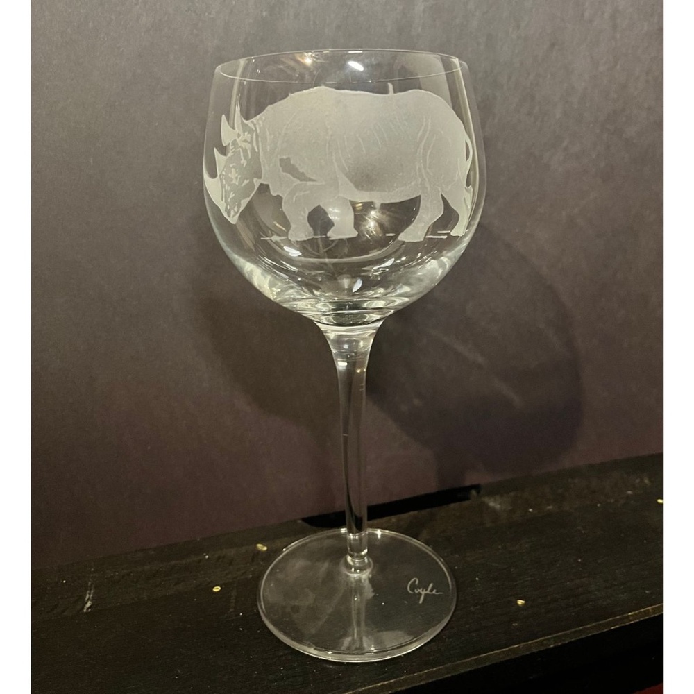 Lorraine Coyle Crystal Etched Rhinocerous Wine Glass - Signed